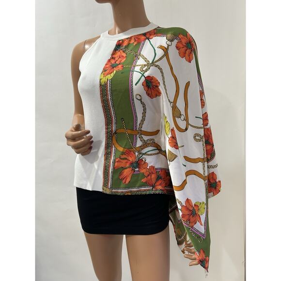 Asymmetrical Top White Knit With Printed Satin 7th avenue design studio XS - Picture 1 of 11